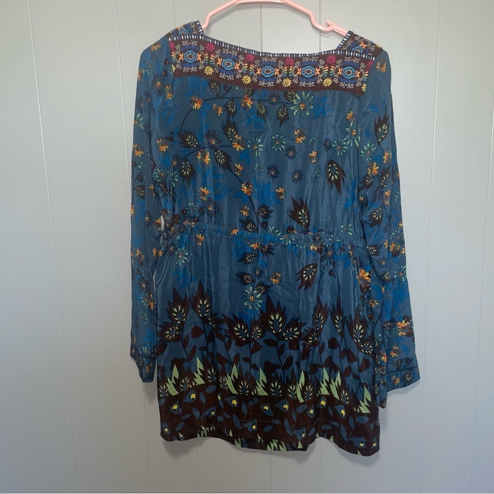 Johnny Was Silk Embroidered Floral Cinch Wait Blouse XS Teal and Brown - Picture 6 of 6